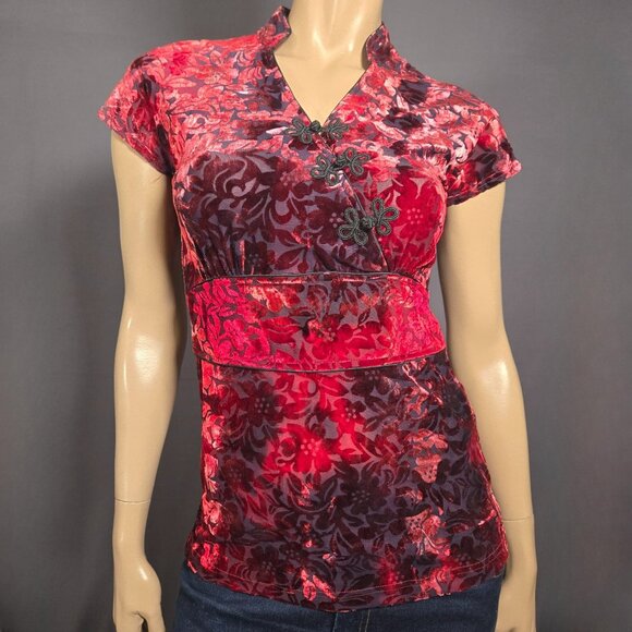 Terra Nostra Tops - Vintage 90s Red Flocked Velvet Burnout Asian Style Top Size S Gothic Whimsigoth